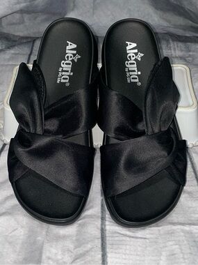 Alegria Women's Black Satin Knot Slide Sandals